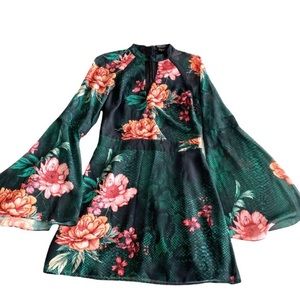Marciano Green Floral Flare Sleeve Mini Dress